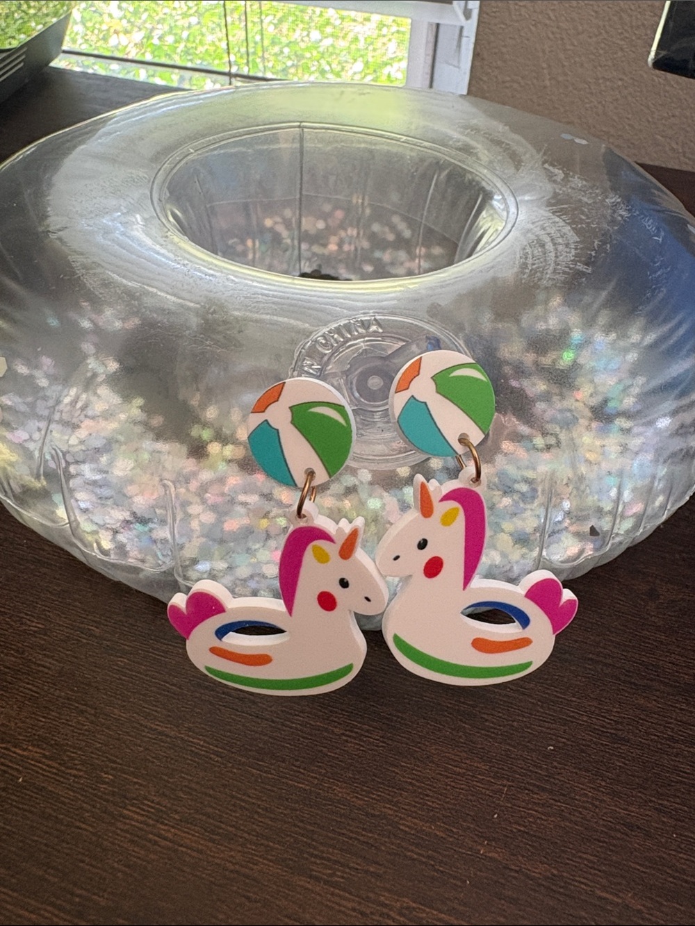White Unicorn Floaty Dangle Earrings with Multicolor Accents